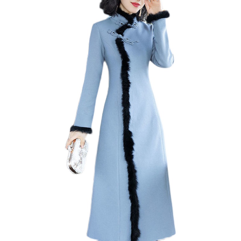 2021年秋冬季新款复古风改良版中式禅意茶服连衣裙加厚长袖旗袍裙