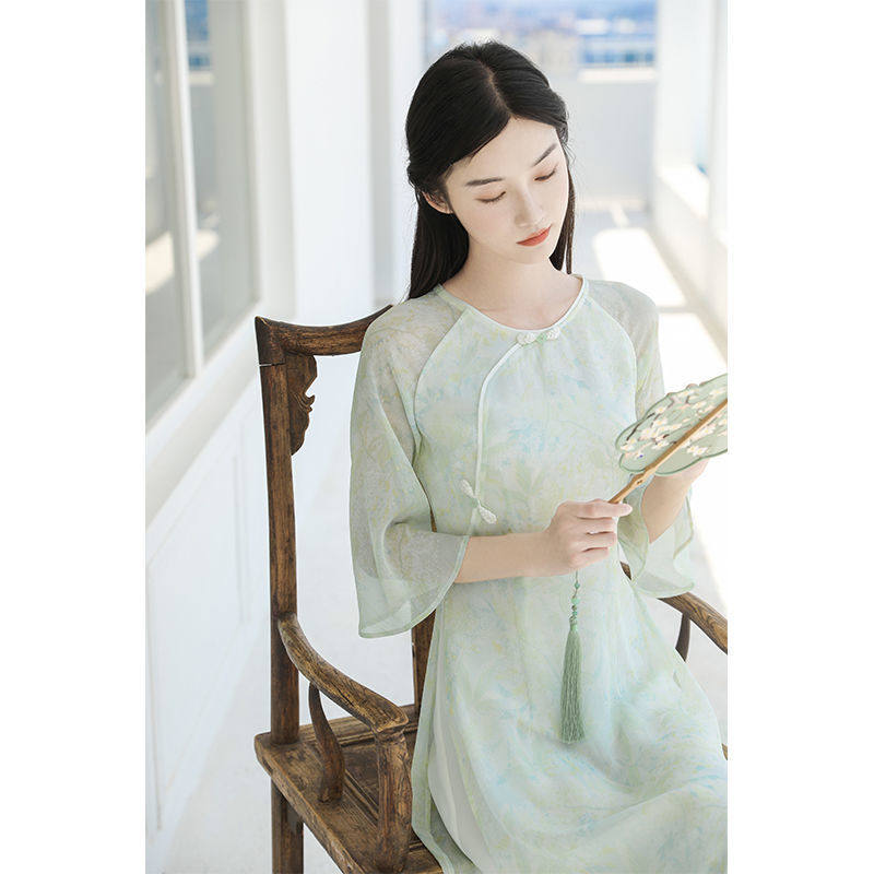 2021年夏季仙女民族风中式圆领喇叭袖清凉飘逸改良旗袍奥黛连衣裙