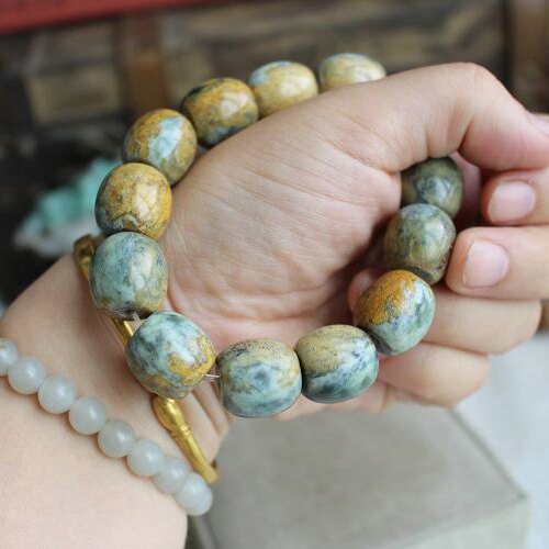 天然玉石保真和田玉河磨籽水草花黄沁色桶手链手链