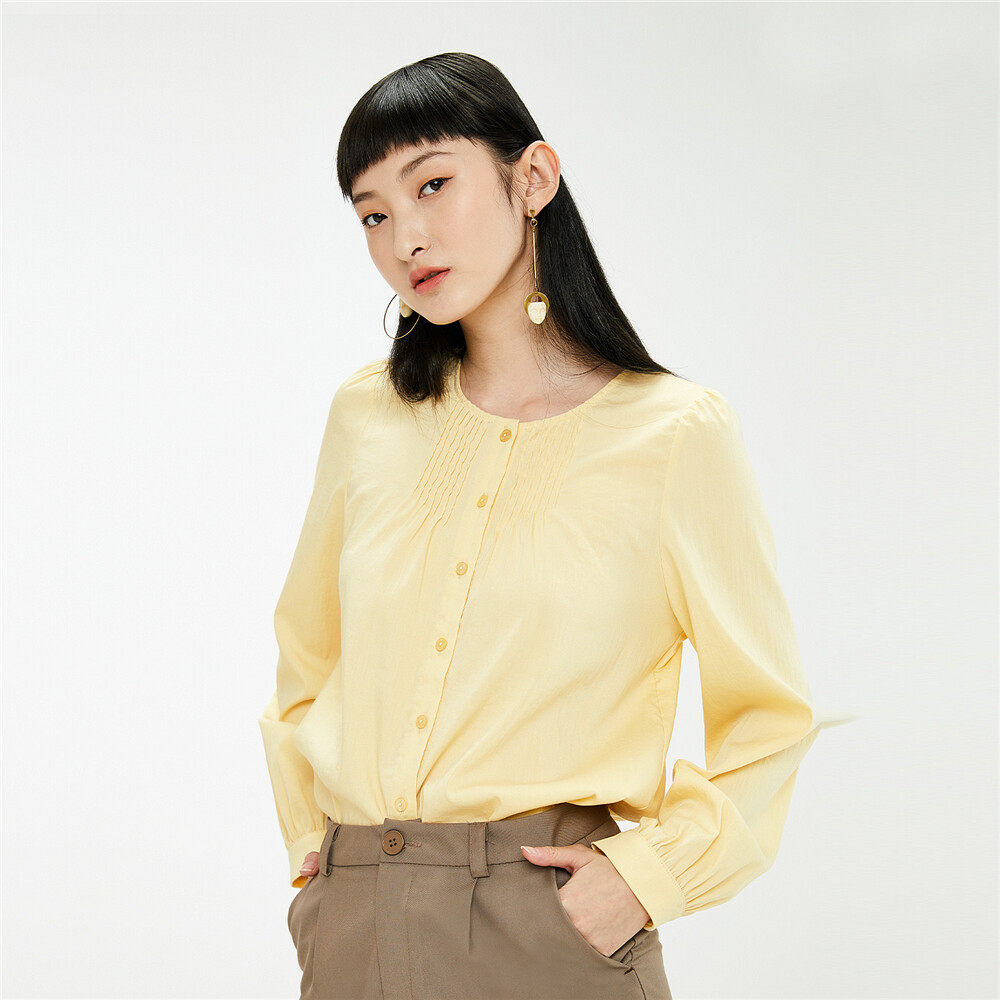 佐丹奴衬衫褶皱细节圆领长袖衬衣鹅黄黄色休闲衬衫