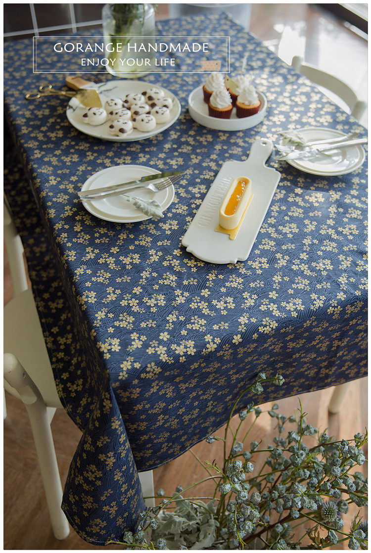 ins日式和风烫金樱花田园碎花桌布棉麻清新 新中式复古茶几书桌布