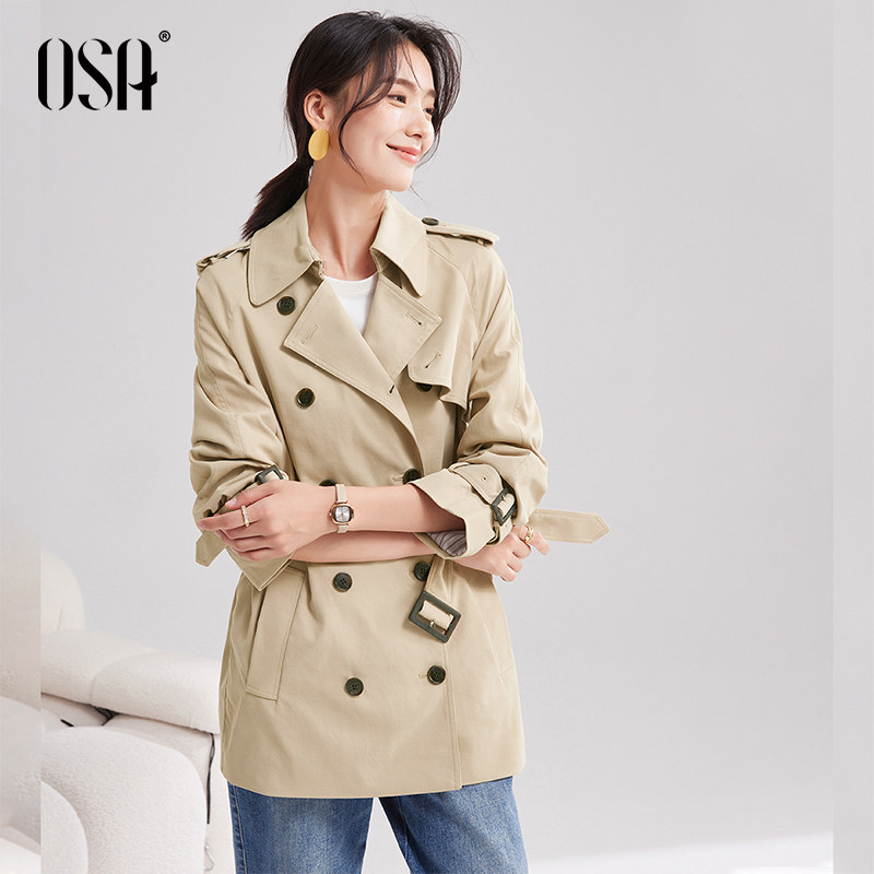 osa欧莎卡其色收腰显瘦中长小个子风衣外套女春风衣