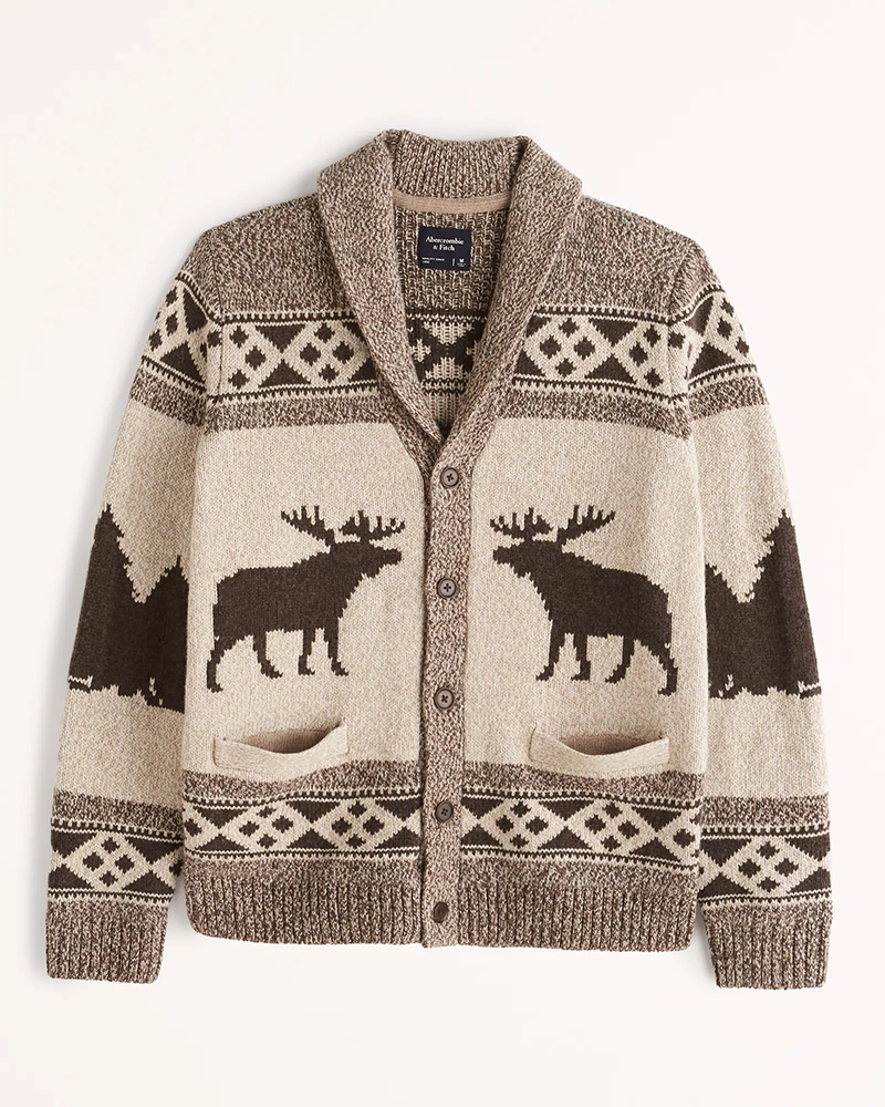 美国Abercrombie Fitch男af 大麋鹿羊毛披肩领青果领针织开衫毛衣