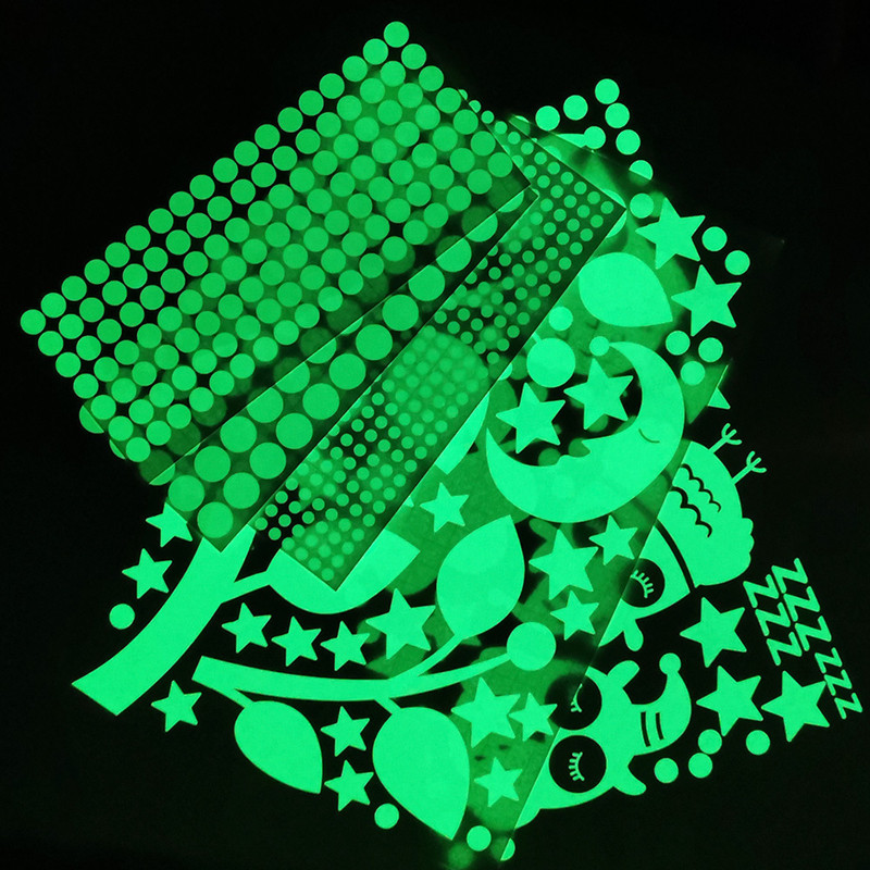 夜光卡通卡通猫猫头鹰树枝发光星星圆点荧光贴纸墙贴