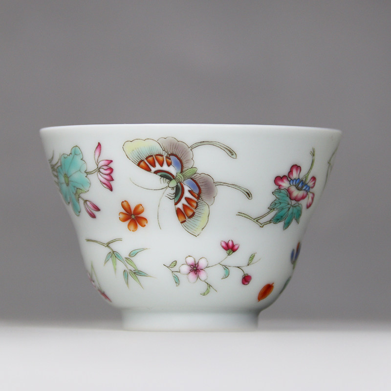 珏玉手绘古彩蝴蝶束腰杯釉陶瓷手工茶杯