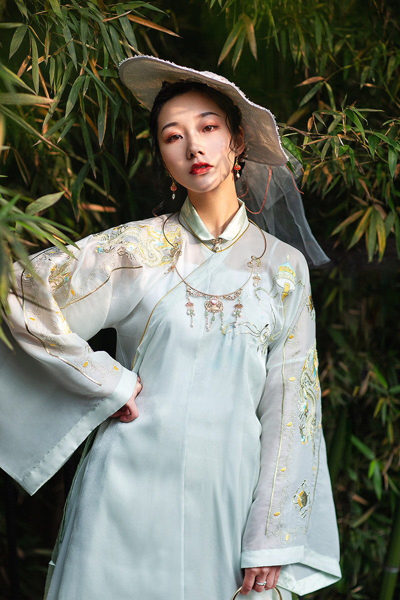 邱裁缝斜襟清影绿珠mm女胖长衫广袖蟒袍立领汉服