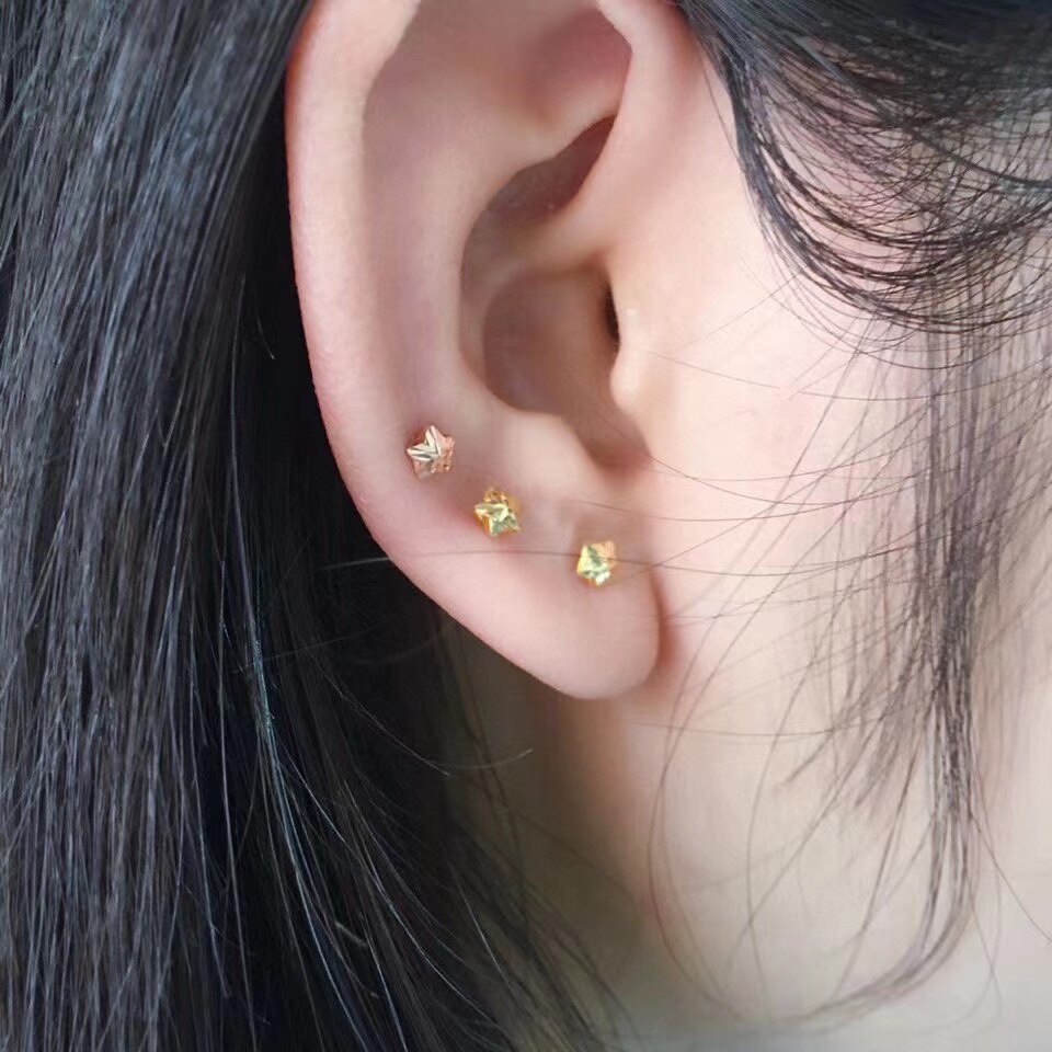 18k黄金耳钉星星车花玫瑰金小款叠戴耳骨小豆丁耳饰