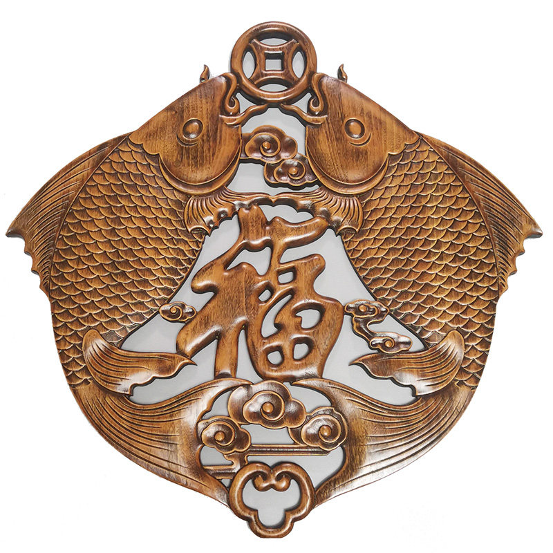 东阳木雕挂件香樟樟木实木雕刻双鱼福字中式木雕