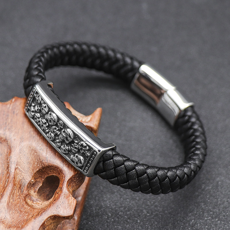 欧美复古朋克骷髅手链配饰黑色编织皮绳手镯手链