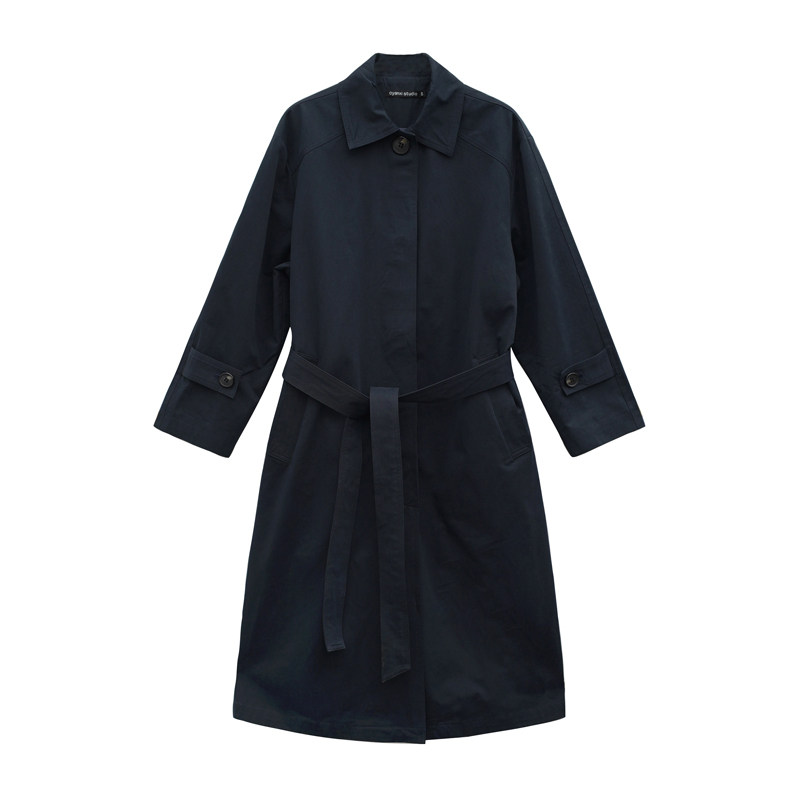 欧阳喜2020早秋新款简约气质风衣中长款韩版过膝百搭天丝棉外套女