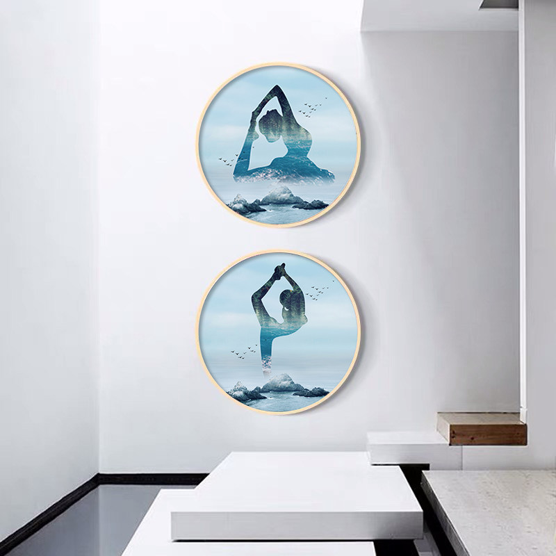 现代简约瑜伽装饰画瑜伽馆玄关壁画养生馆舞蹈室墙画圆形挂画艺术