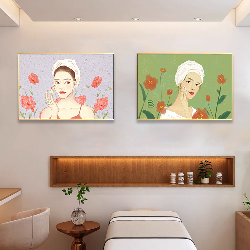 美容院背景墙装饰画皮肤管理会所挂画小清新美女人物现代装饰画