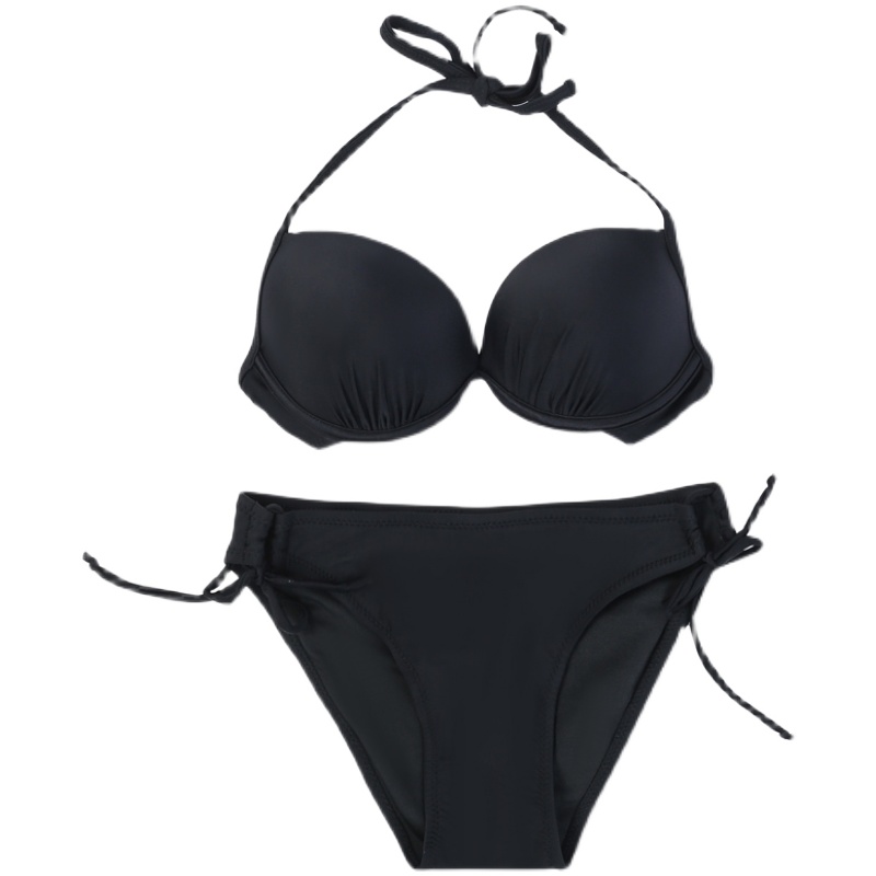 聚拢钢托小胸黑色三点式沙滩比基尼挂脖钢圈游泳衣比基尼