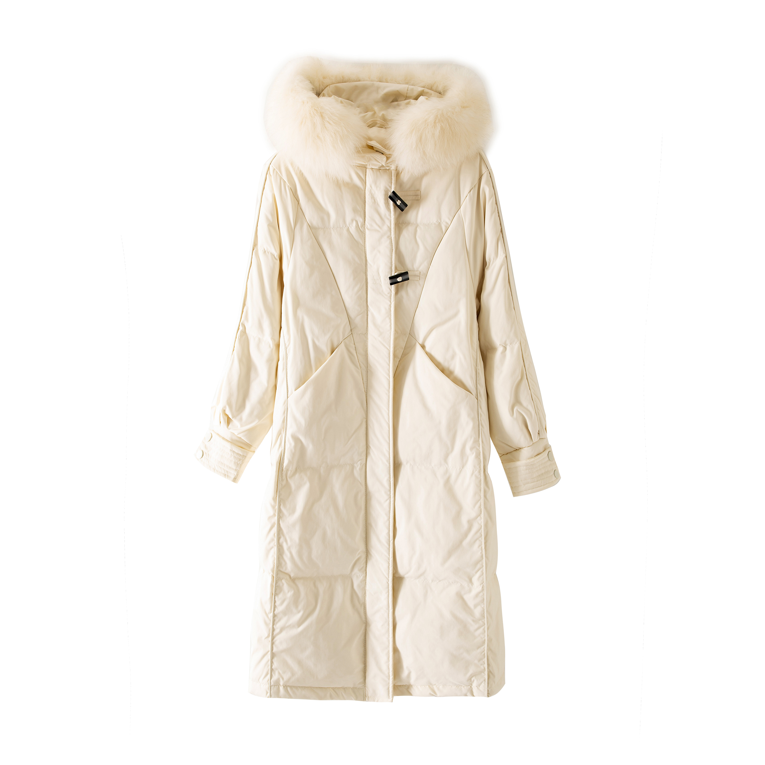 > > gojo 大毛领白色羽绒服女爆款过膝长款白鸭绒牛角扣外套冬季新款