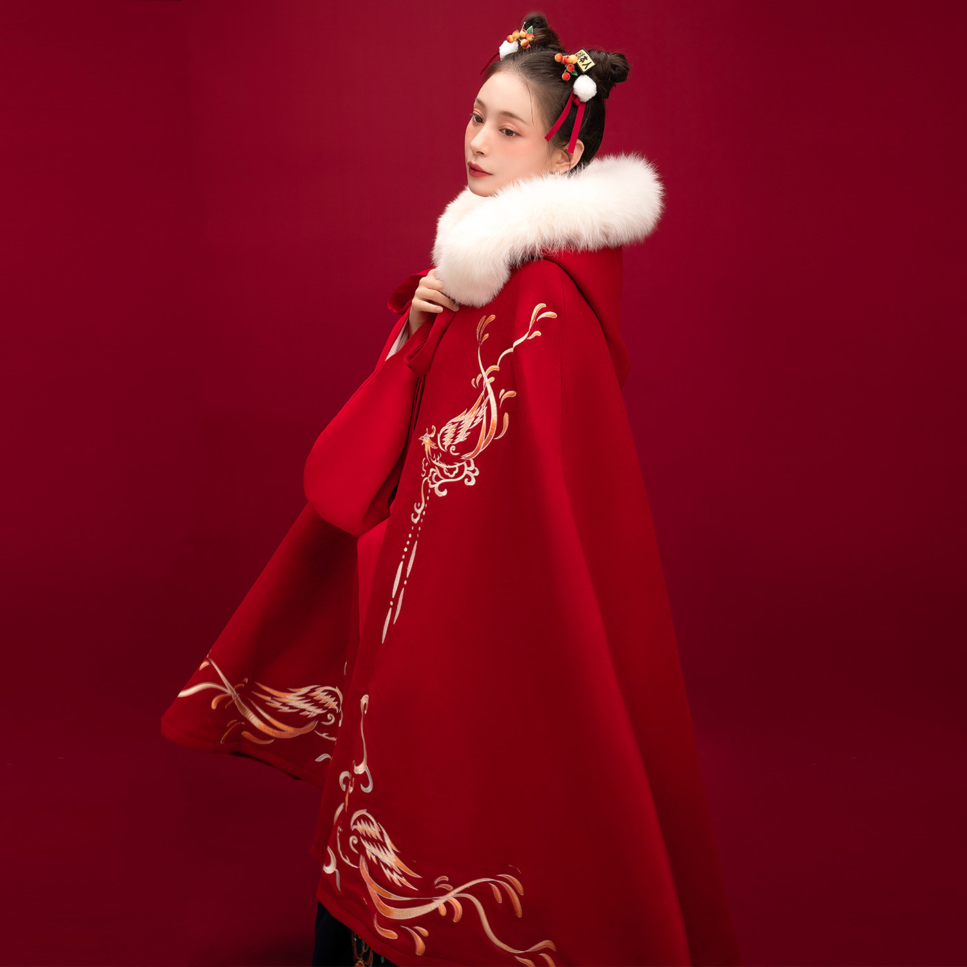 毛领秋冬披风加厚长款绣花斗篷司花汉服连原创汉服