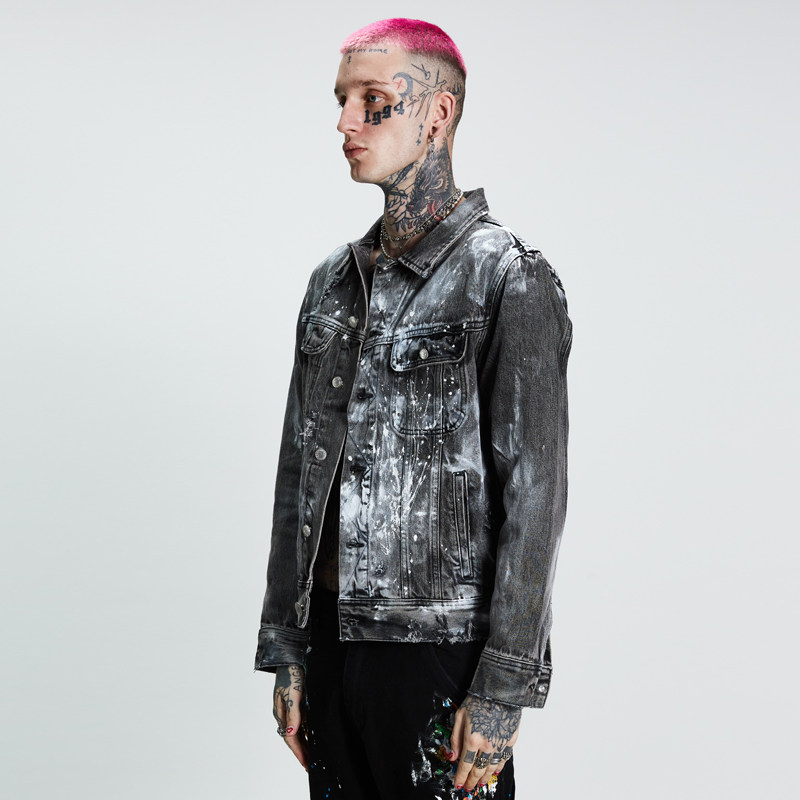 saintlouis手工做旧泼墨刷漆外套后背字母logo夹克