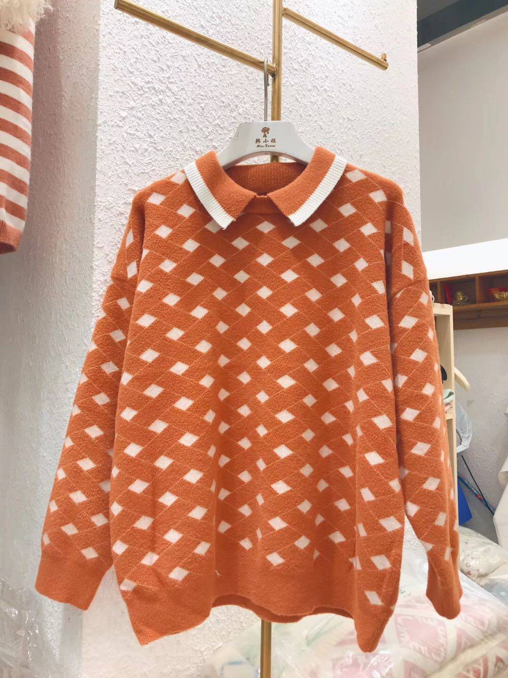 原创设计格纹针织衫2019秋季新款双色色格套头毛衣