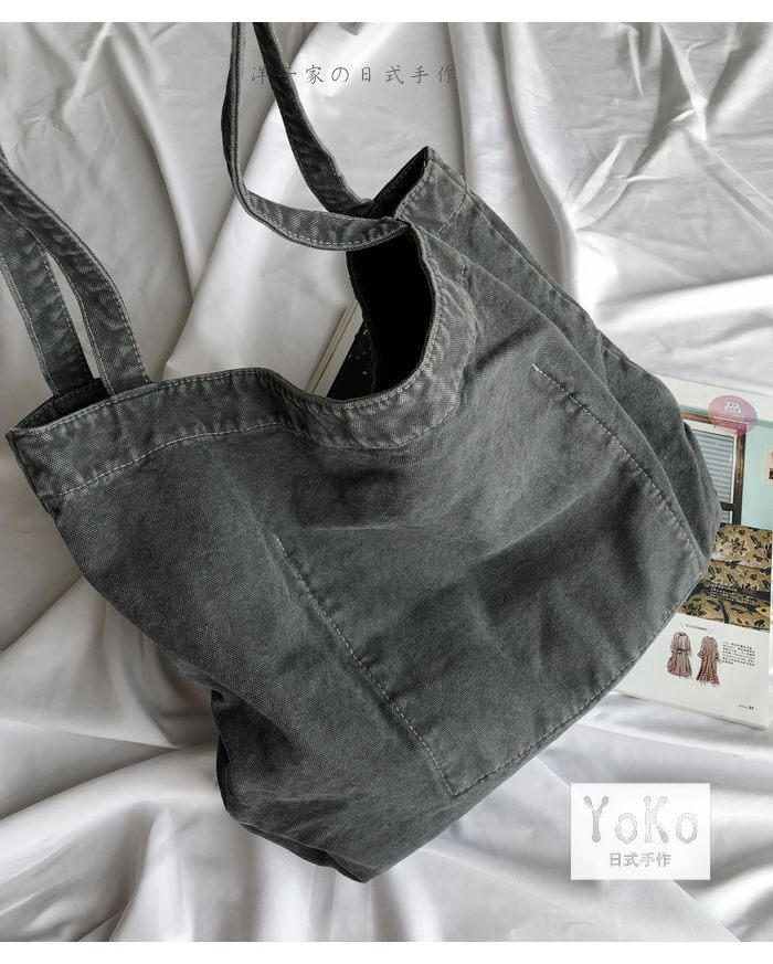 洋子家新款自制日式手作古着感水洗磨白日系牛仔包森系大包单肩包