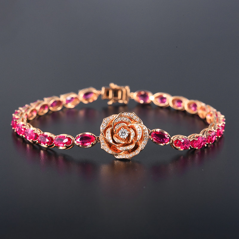 玫瑰缅甸天然红宝石手链总计606克拉18k金镶嵌镶嵌手饰