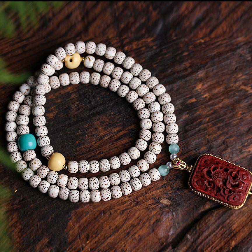 星月菩提7mm108颗配金膏玉创意文玩佛珠手串小众木质珠串