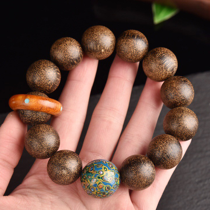 关注免保越南沉香18mm文玩佛珠手串搭大漆珠手串