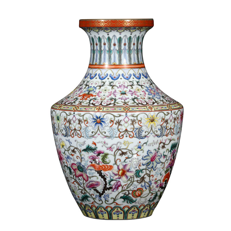 景德镇陶瓷摆件乾隆洋彩瑞芝洋花禅纹尊官窑粉彩传承花瓶