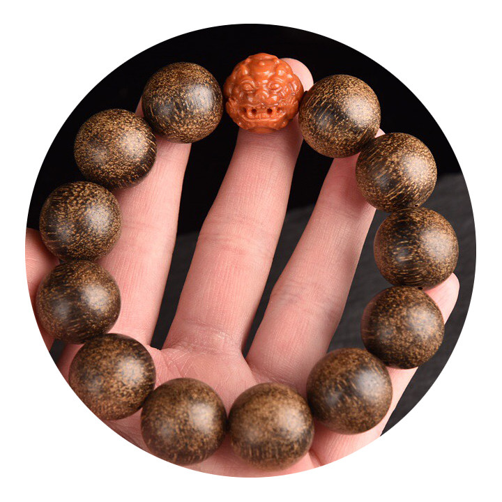 越南沉香18mm文玩佛珠手串精雕招财貔貅顶珠手串