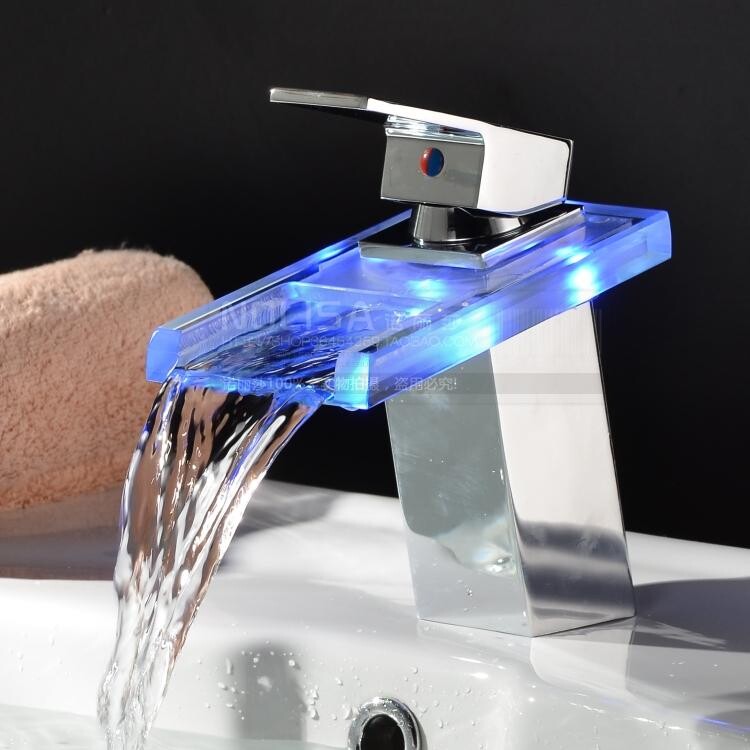 led温控水龙头洗手盆洗脸盆全铜冷热瀑布自发电发光龙头