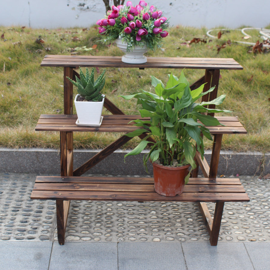 碳化防腐实木花架单层户外阳台阶梯脚踩凳多花架