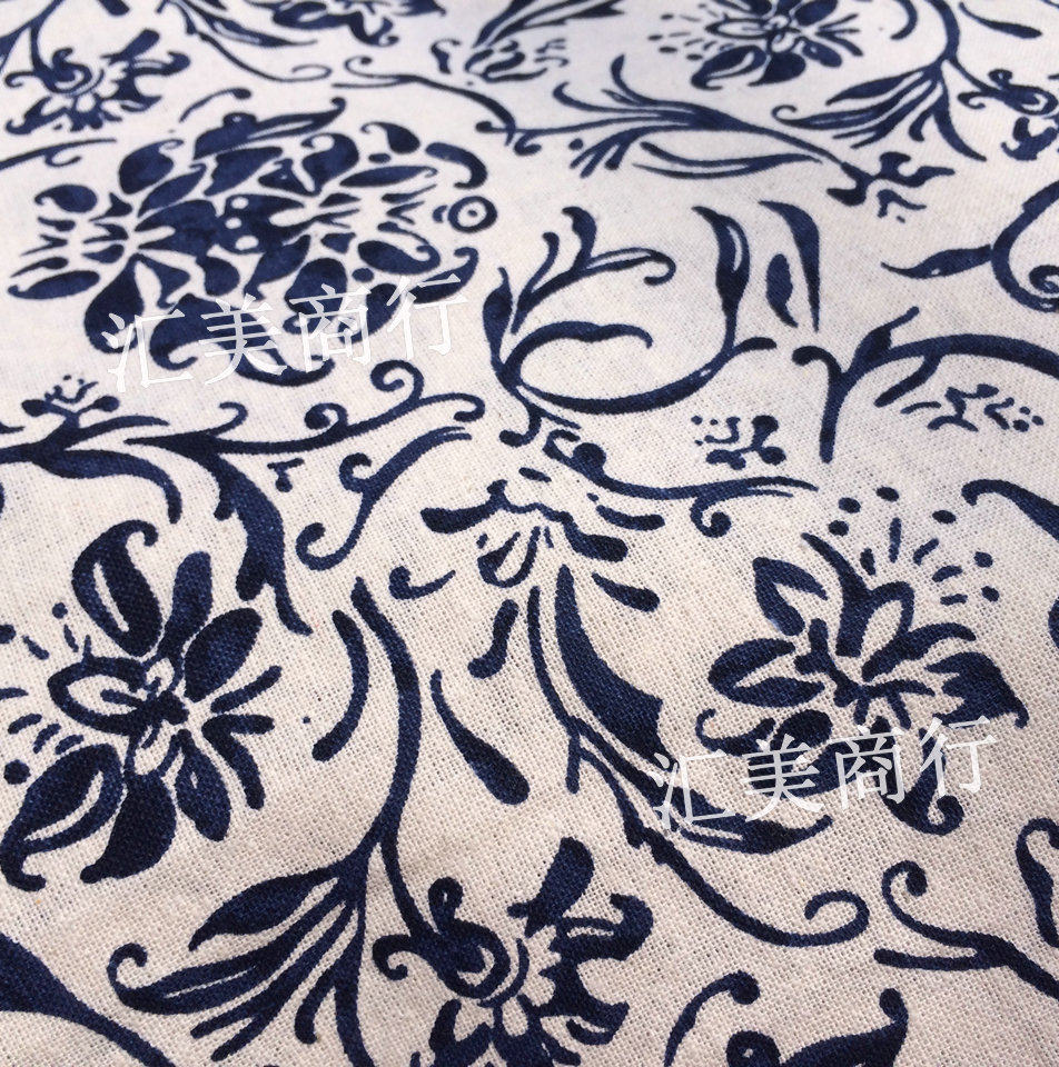 白底青花瓷中国国风蓝色印花布棉麻布料纯全棉布海绵垫