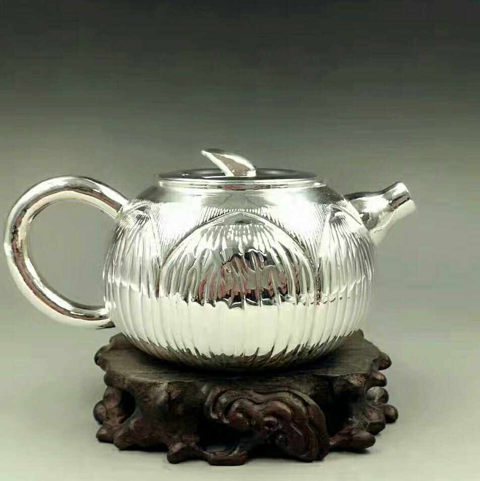 茶壶银壶足银s999纯银泡茶莲花花瓣亮面手把茶壶