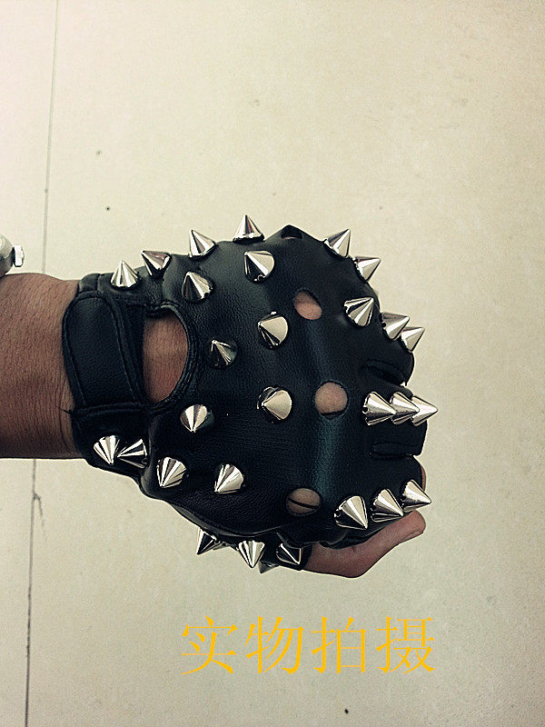 欧美柳丁银色弹力半指新款铆钉演出街ds歌手手套