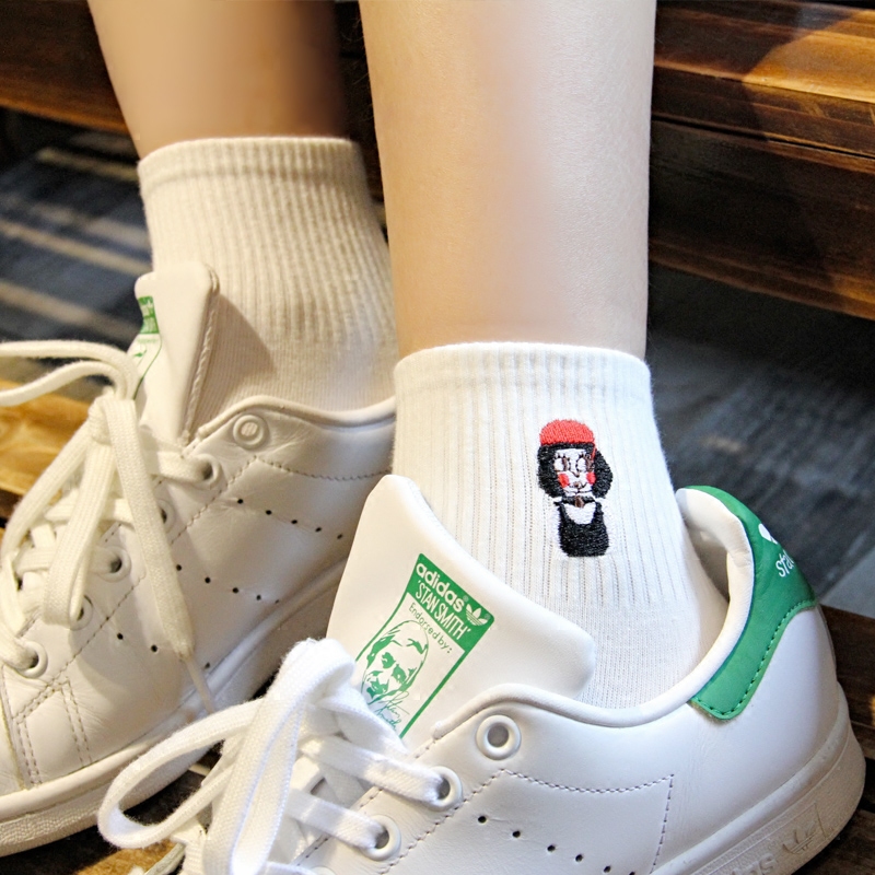 运动短袜ulzzang袜子女韩国chic刺绣爱心胡子中筒短袜