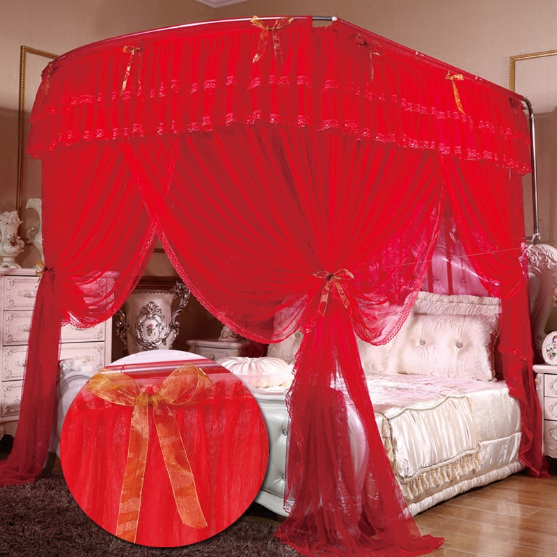 蚊帐新款大红红色伸缩三开门15米床18m2m双人家用蚊帐