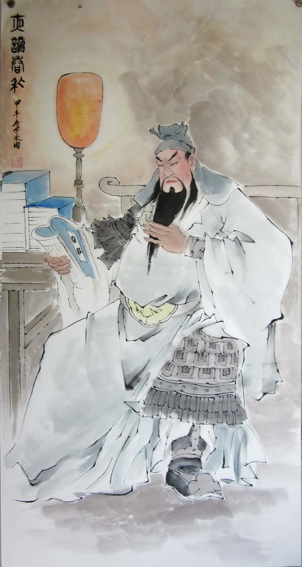 中堂客厅挂画三联装饰画关羽画像关公夜读春秋国画