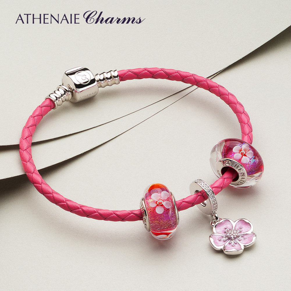 athenaie红色樱花琉璃编织皮绳手工diy简约手链手链