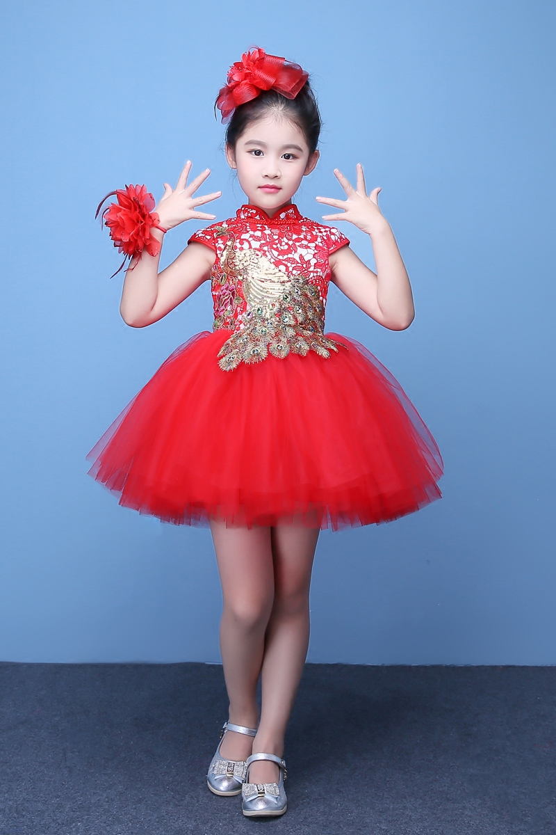 礼服儿童钢琴表演女童舞蹈走秀演出红色公主儿童礼服