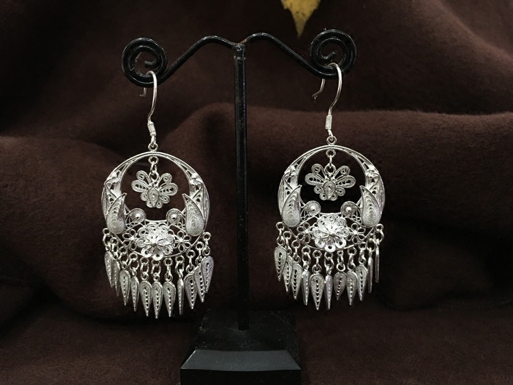 凤凰苗族特产银饰品原创手工拉丝纯银富贵富贵花耳环