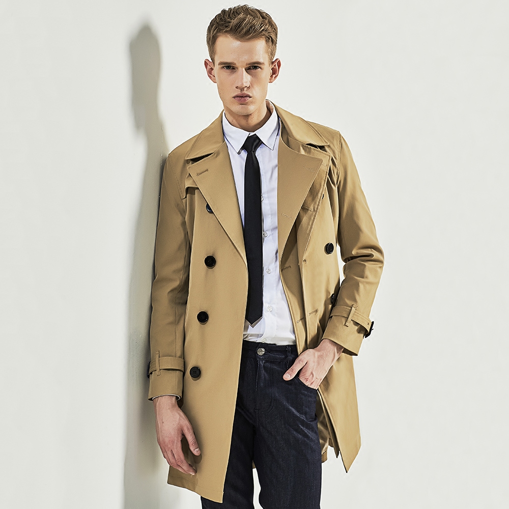 风衣优杰正品卡其色长款男双双排扣双驳领男士风衣