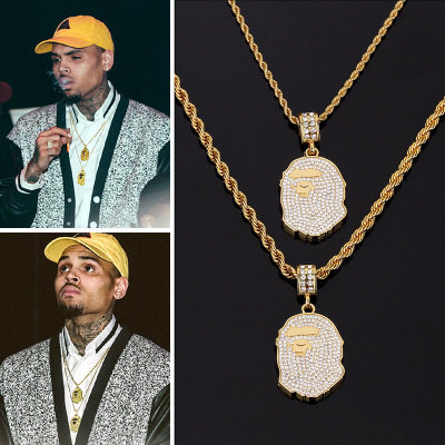 hiphopchainchrisbrown同款项链镶钻猿人头吊坠嘻哈项链