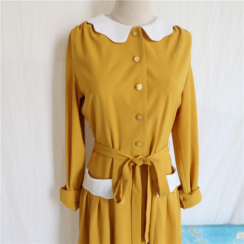 妙境黄色口袋撞色长袖花瓣制衣姜黄色1940s复古连衣裙