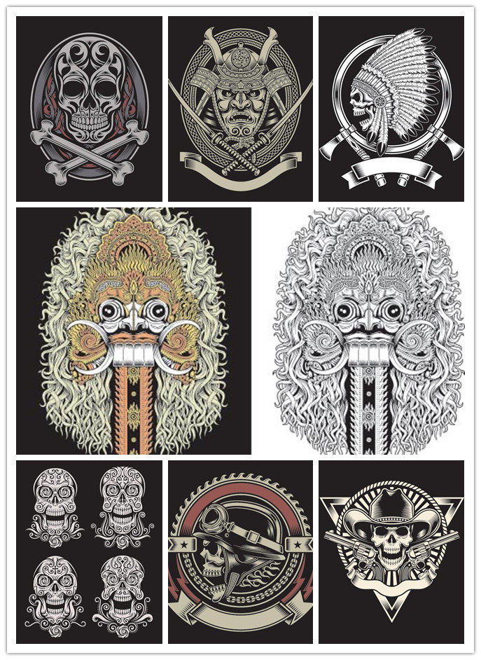 a1308矢量超酷欧美插画风格骷髅头骨纹身模板设计素材