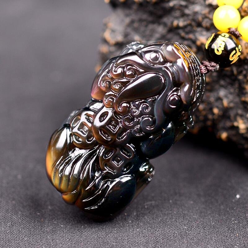 俏色三色彩虹蓝色金黄紫红红眼曜石貔貅吊坠项坠