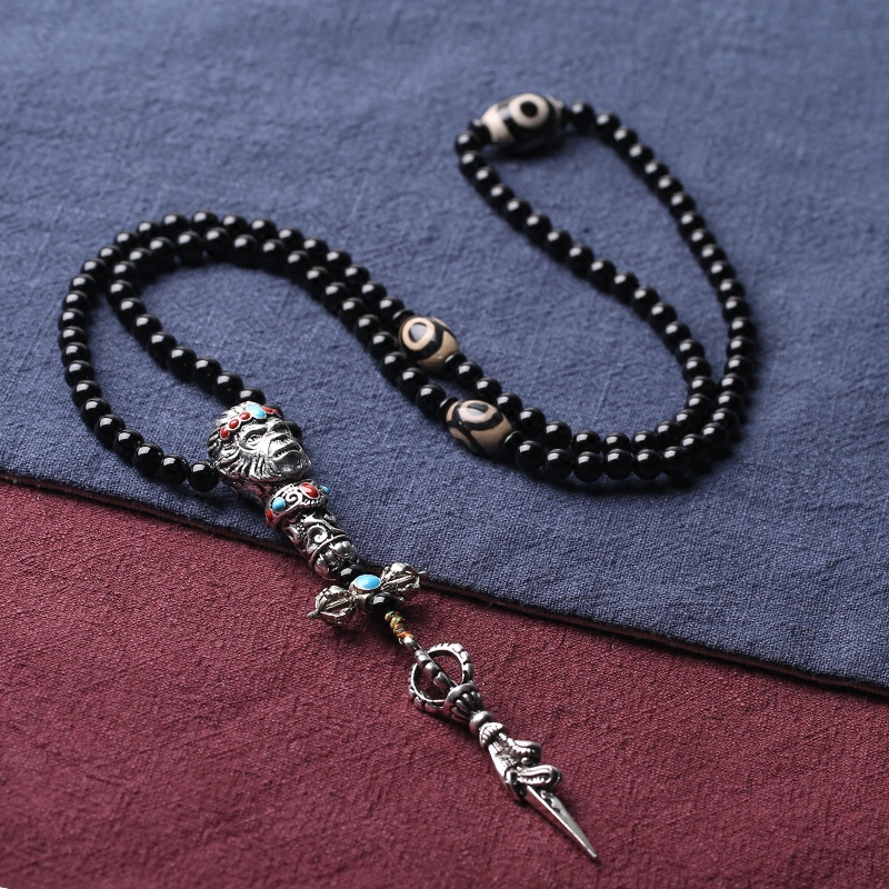 玛瑙天珠项链男士圆珠链银日韩版潮人长款十字架项链