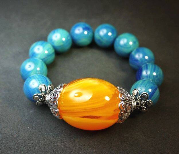 彩色古董中东贵族蜜蜡蓝雪雪山橙红丝手手链手串