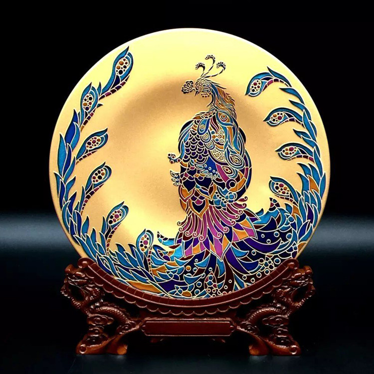 双面雕刻进口晶化玻璃凤凰摆盘手工彩绘艺术摆件