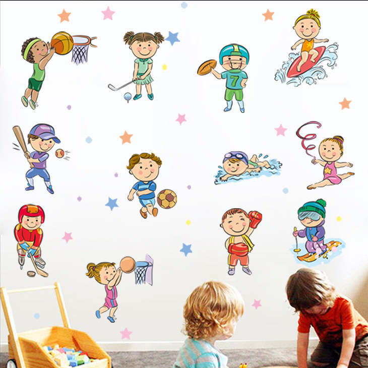 幼儿园卡通小人各种体育运动人物棒球高尔夫蓝球动作墙贴