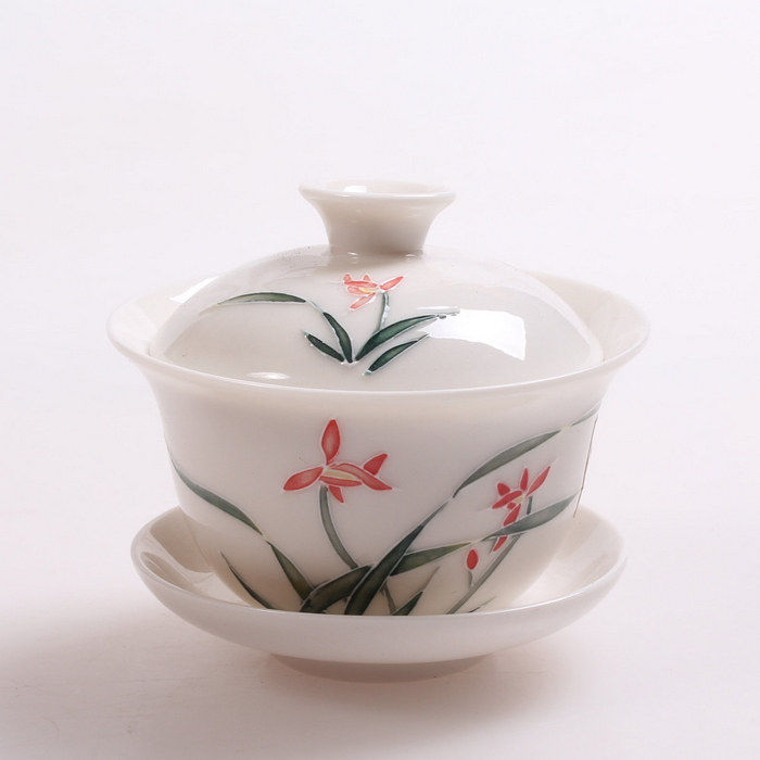 兰花陶瓷浮雕盖碗功夫功夫茶茶具茶碗介碗三才盖碗