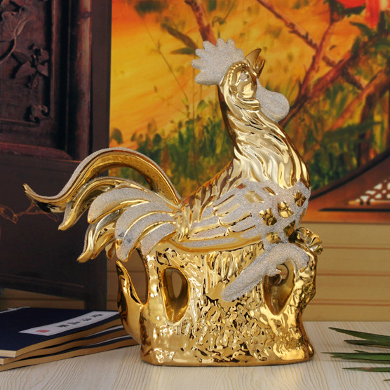 景德镇招财桌面陶瓷摆件金色公鸡客厅动物摆设摆件