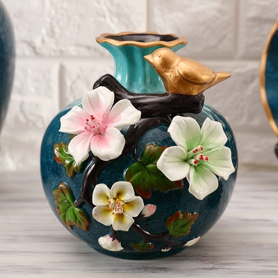 陶瓷花瓶摆件客厅插花欧式创意立体浮雕花插摆盘三件套家居装饰品_双